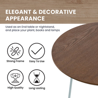 LeisureMod Rossmore Modern Round Side Table With White Steel Frame, Walnut