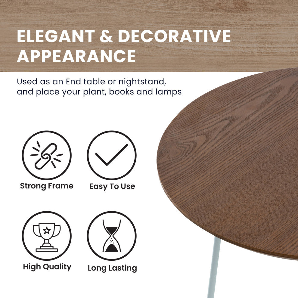 LeisureMod Rossmore Modern Round Side Table With White Steel Frame, Walnut