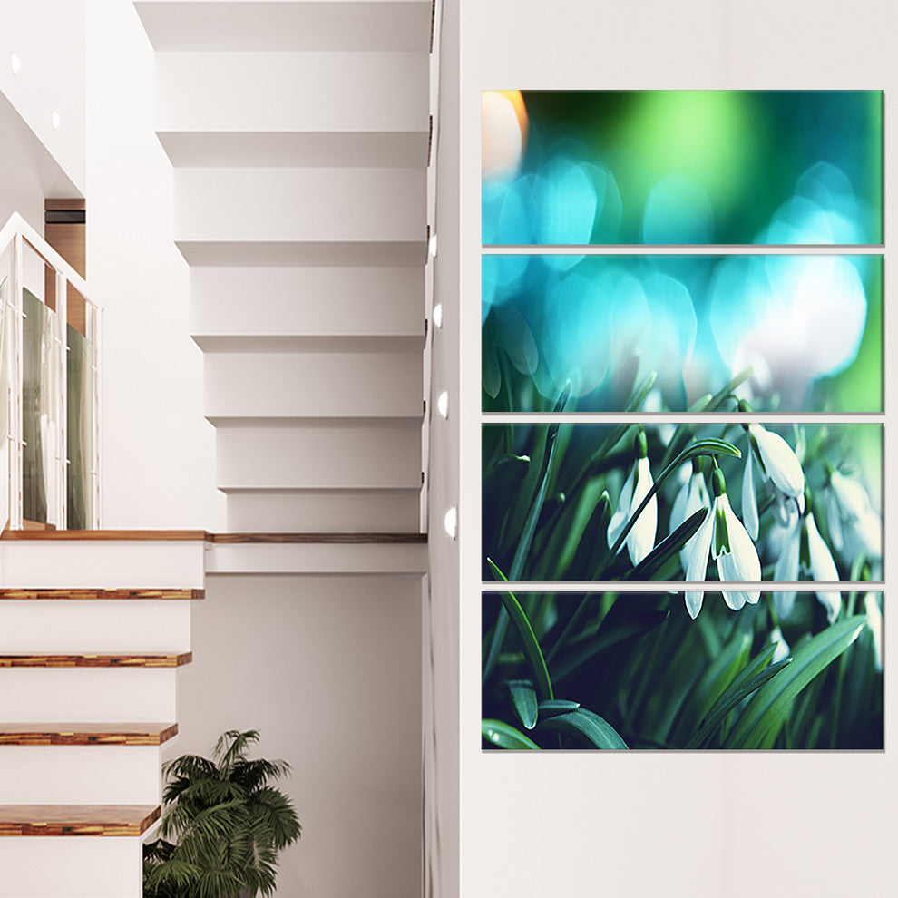 Little White Flowers on Green, Landscape Wall Art on Canvas, 28"x48", 4 Panels