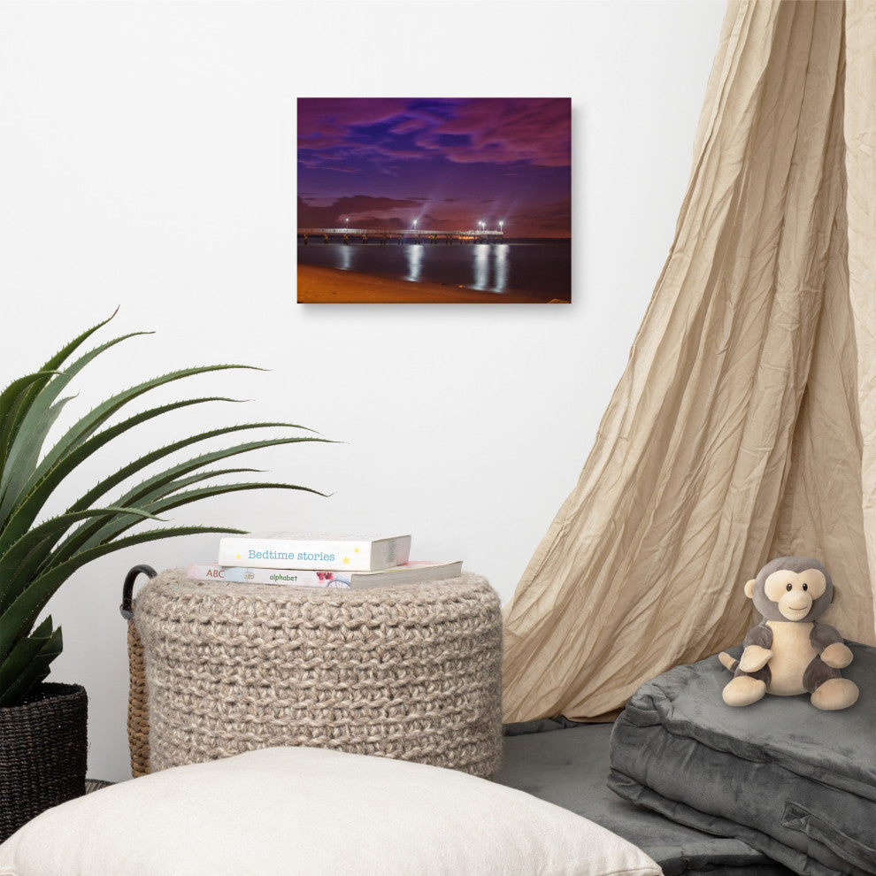 The Pier at Woodland Beach Night Photography Canvas Wall Art Print, 12" X 16"