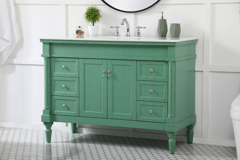 48" Single Bathroom Vanity, Vintage Mint With Ivory White Engineered Marble