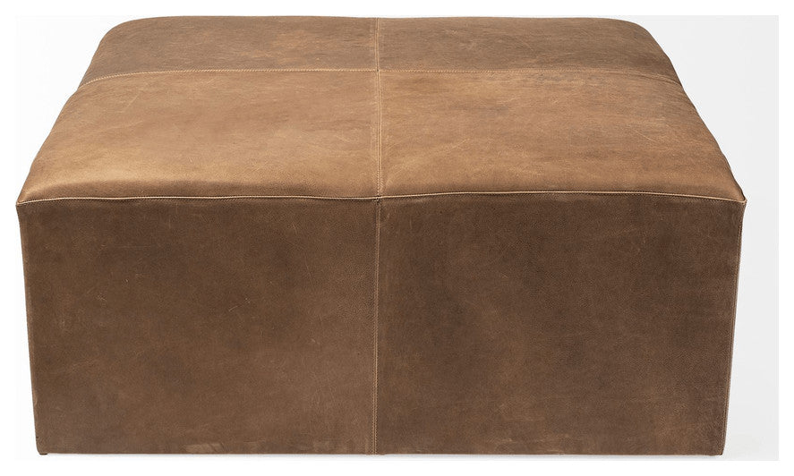 36" Brown Faux Leather Cube Ottoman