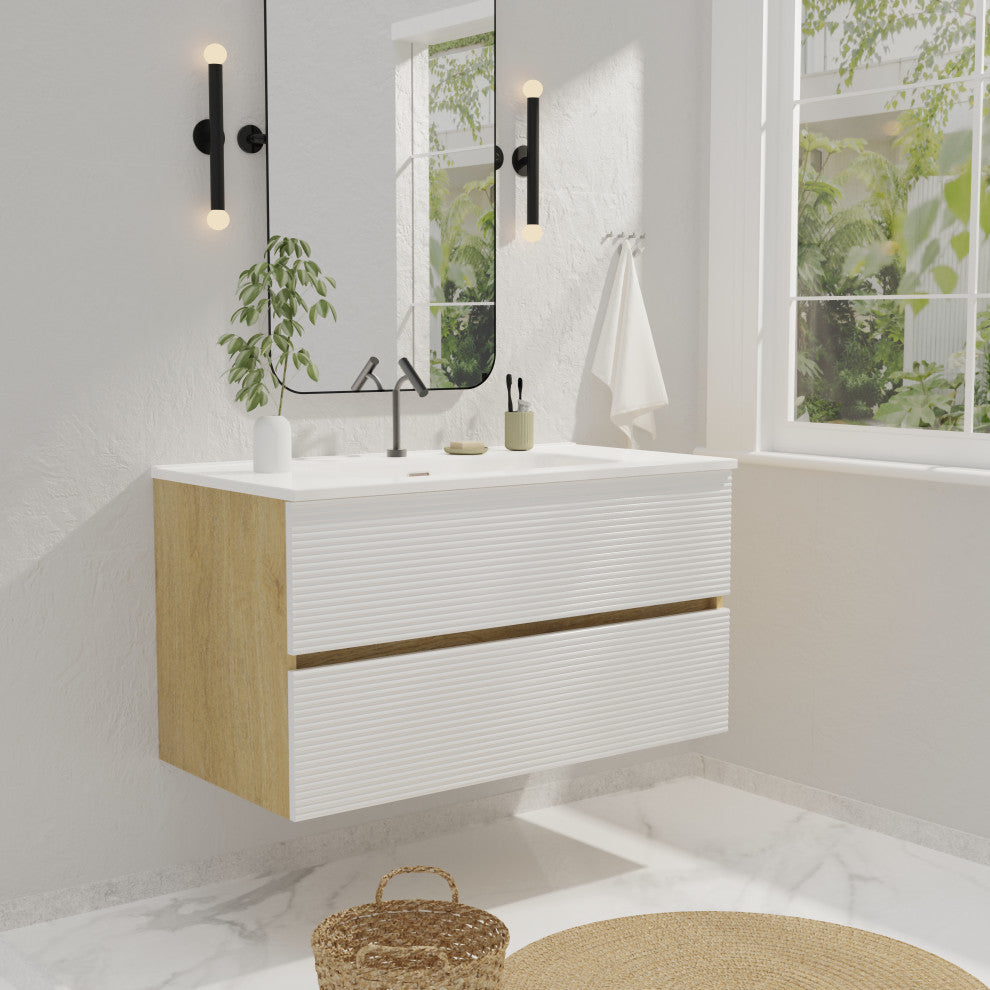 Wall-Mounted Bathroom Vanity Set with Integrated Ceramic Sink, White, 36"