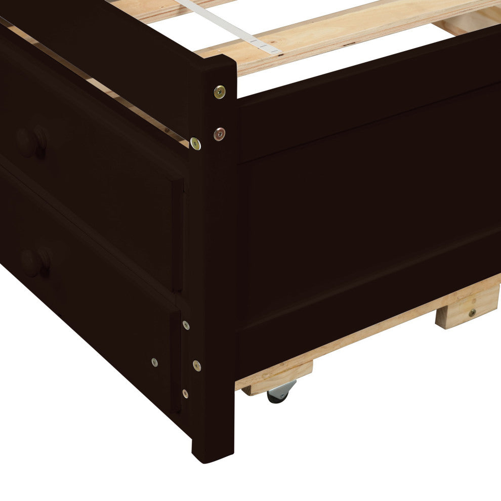 Full/Twin Wood Frame Platform Bed with Trundle and Drawers, Espresso, Full
