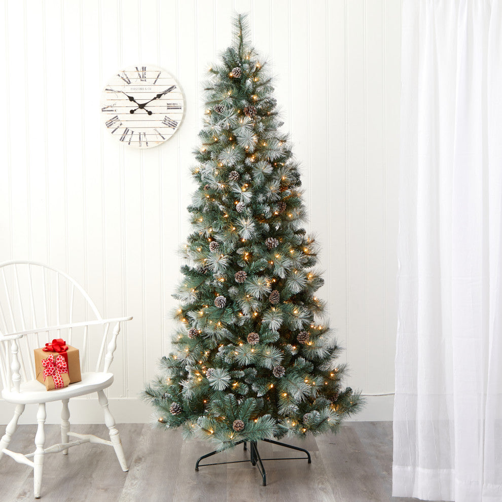 7' Frosted Tip British Columbia Mountain Pine Faux Xmas Tree W/Lights, Pinecones