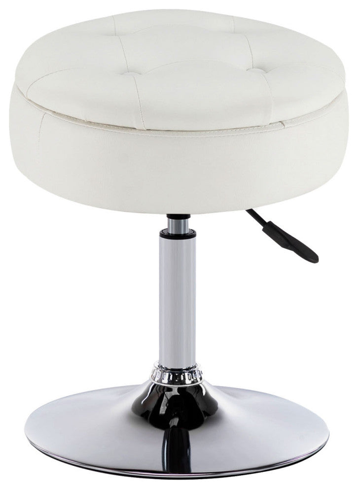 Storage Swivel PU Leather Vanity Stool, White With Removeable Tray