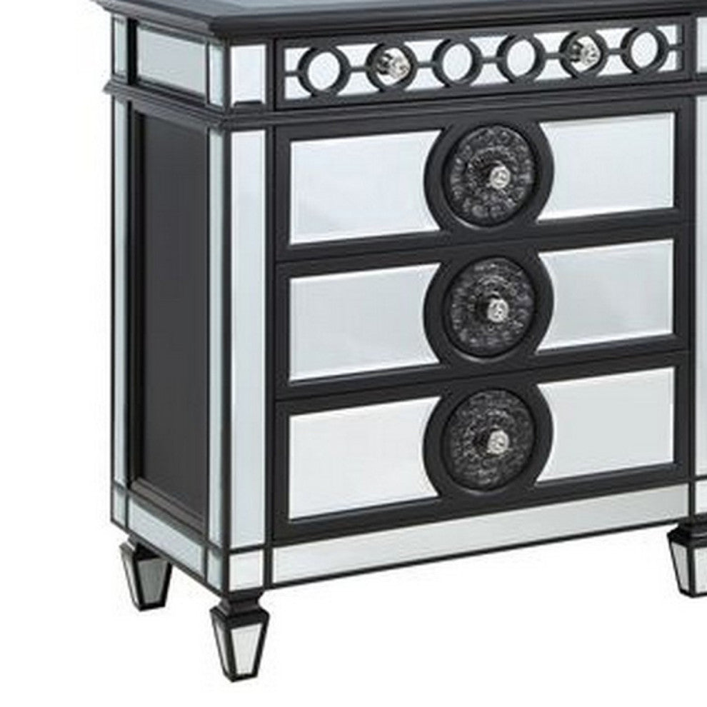Benzara BM275057 8 Drawer Dresser With Mirror Trim & Sunburst, Black/Silver