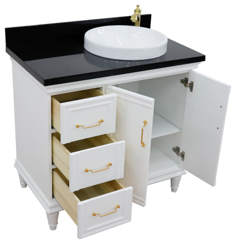 37" Single Vanity, White Finish With Black Galaxy