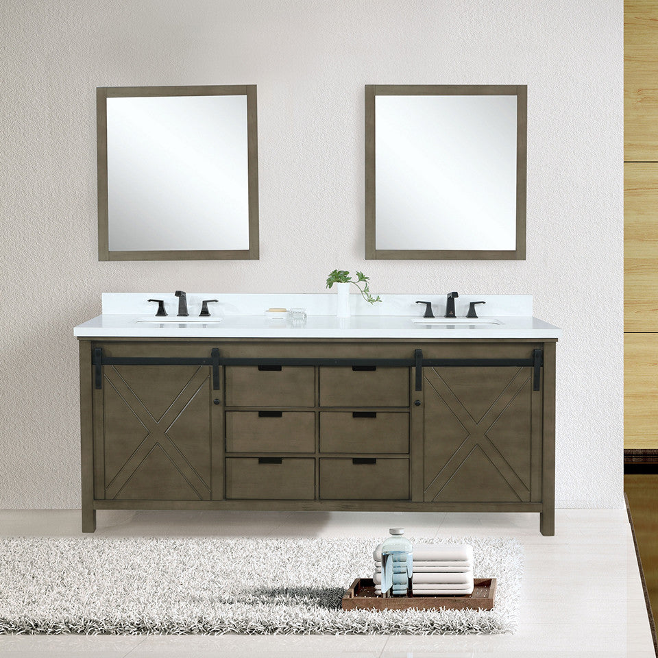 Marsyas 84" Double Vanity, White Square Sinks, 34" Mirrors, Rustic Brown
