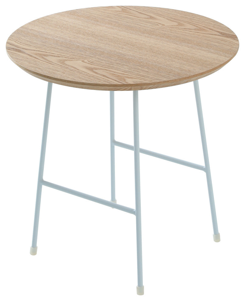 LeisureMod Rossmore Modern Round Side Table With White Steel Frame, Natural Wood