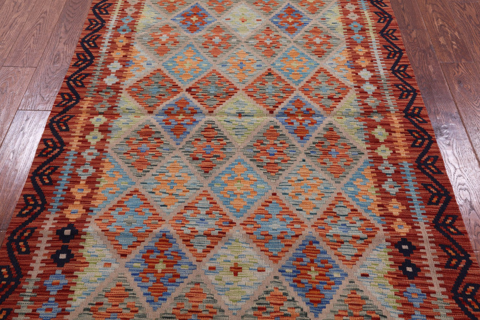 4' 3" X 6' 1" Reversible Flat Weave Kilim Wool On Wool Rug Q9486