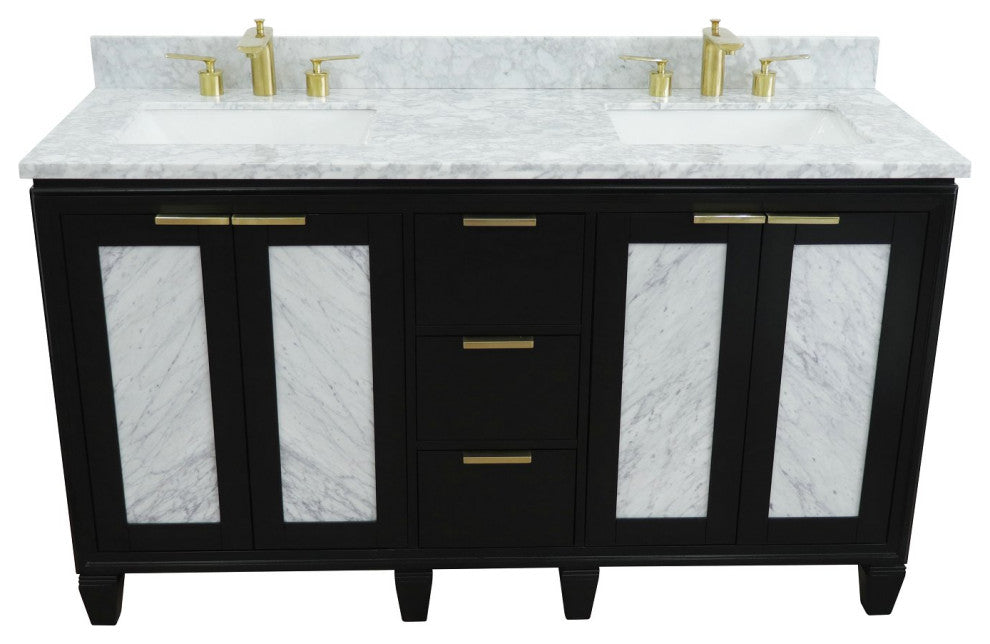 61" Double Sink Vanity, Black Finish With White Carrara Marble