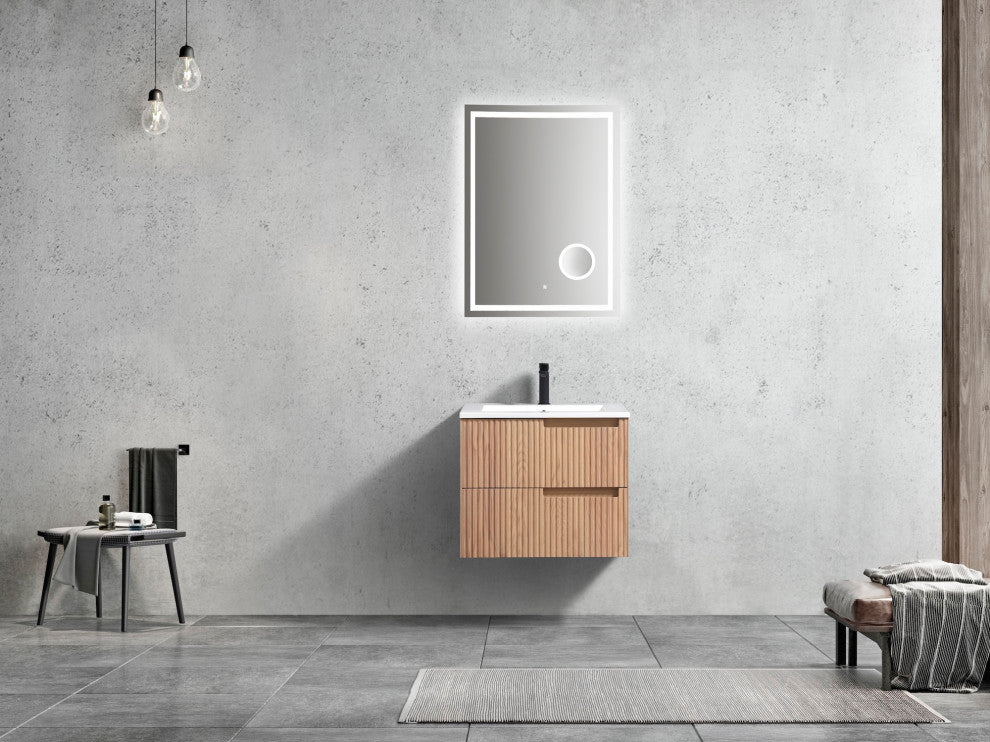 Fiore Wall Mount Modern Bathroom Vanity, Oakwood, 24", Single Sink