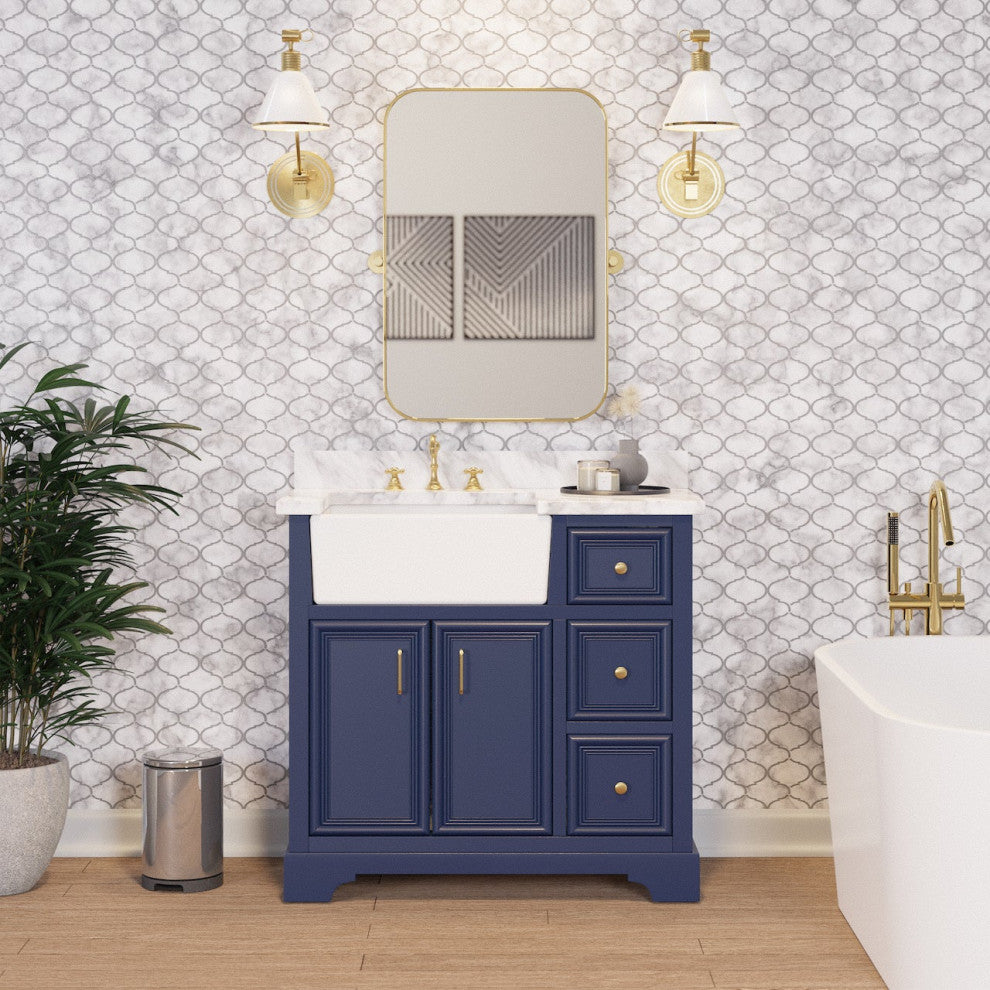 Zelda 36" Bathroom Vanity, Base: Royal Blue, Top: Carrara Marble
