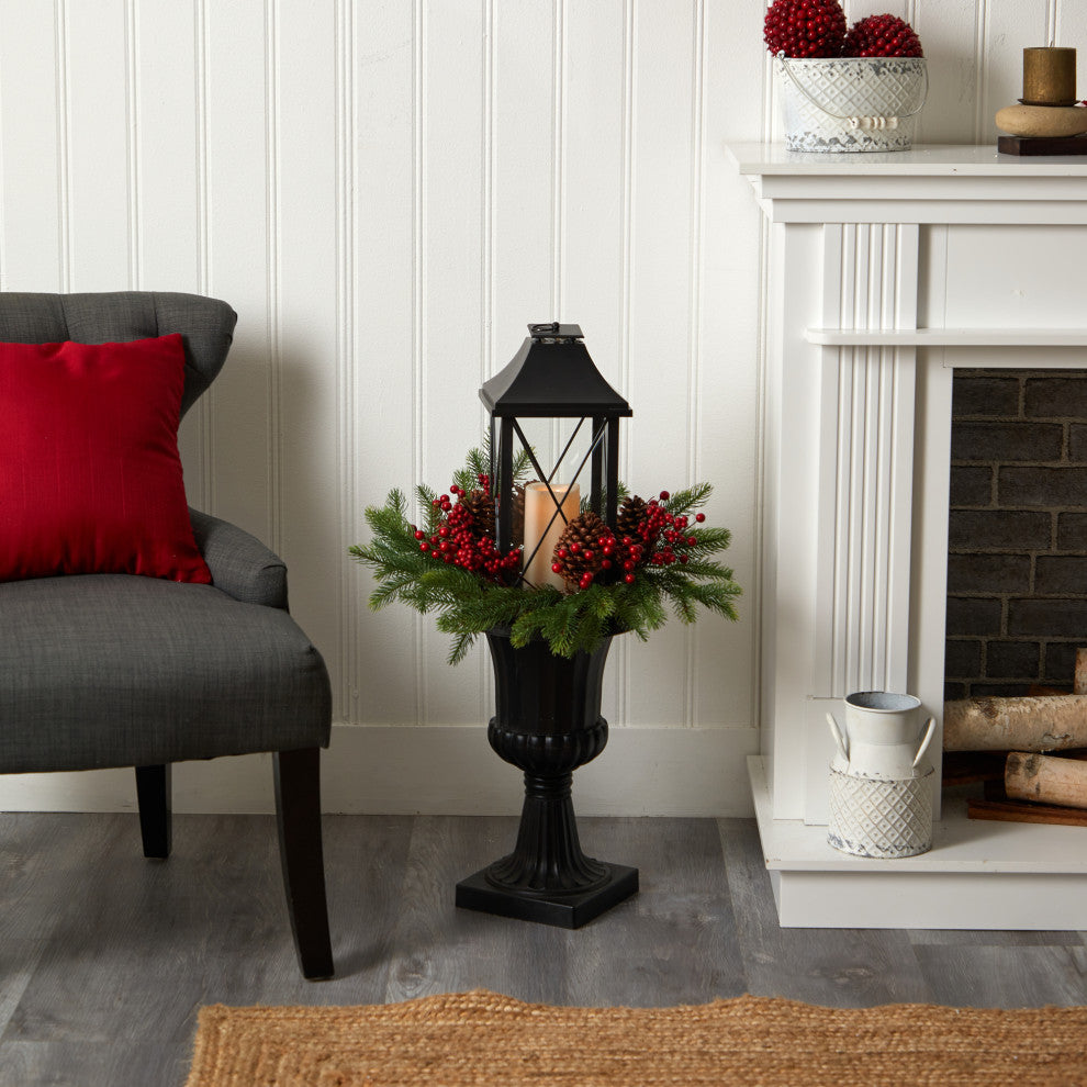 33" Holiday Greenery, Berries & Pinecones, Urn W/ Large Lantern & LED Candle
