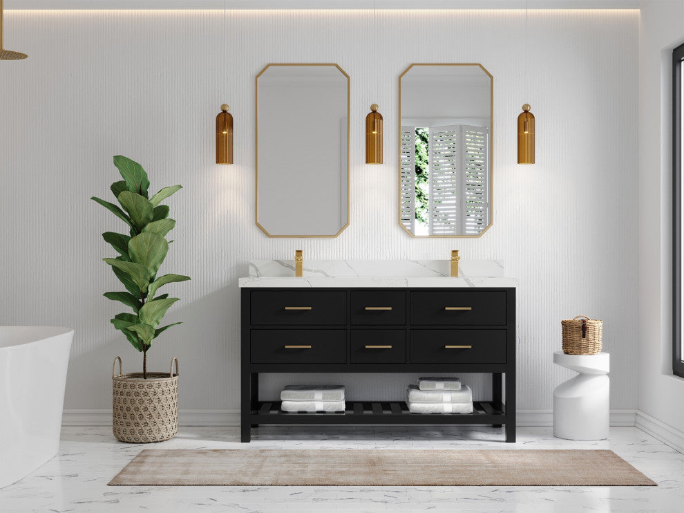 Parker 60" Double Sink Bath Vanity, Black 2" Calacatta Laza