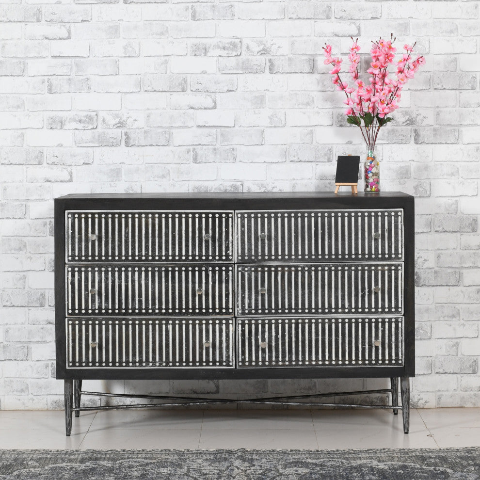 Sarah 6 Drawer Chest, Mango Solid Wood Antique Brown Finish on Iron Base