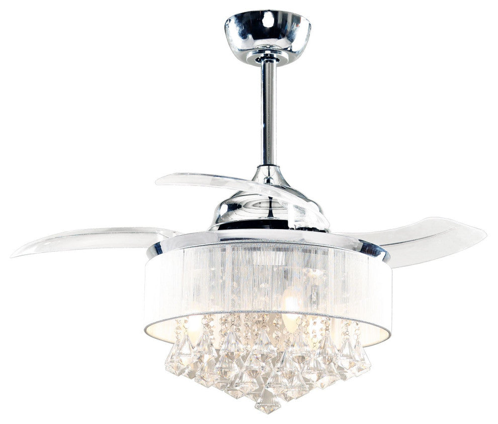 36 Inch Chrome Crystal Ceiling Fan With Remote, Retractable Blades