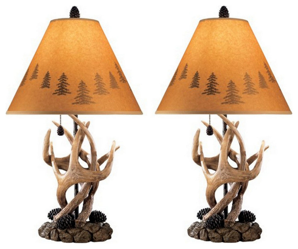 Resin Body Table Lamp with Antler and Pinecone Design, Set of 2, Brown