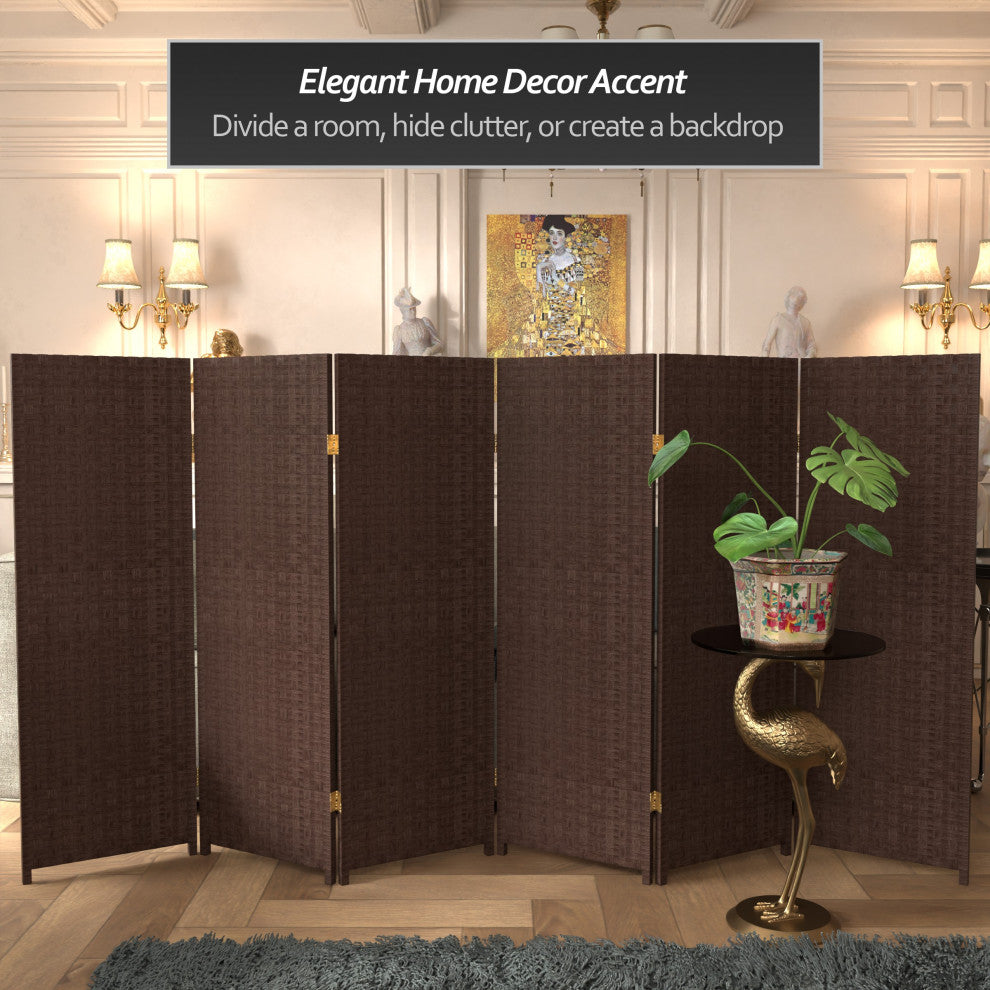 4' Tall Woven Fiber Room Divider, Dark Mocha, 6 Panel