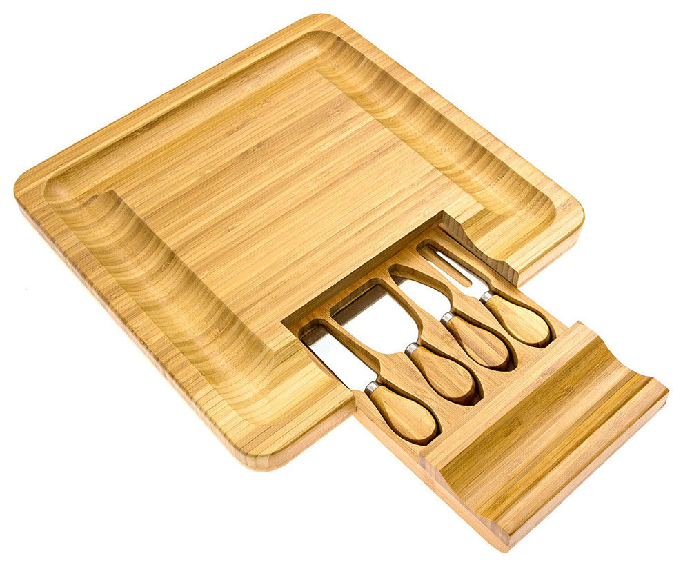 Handi Bamboo Cheese Serving Board Table Set With 4 Stainless Steel Knives