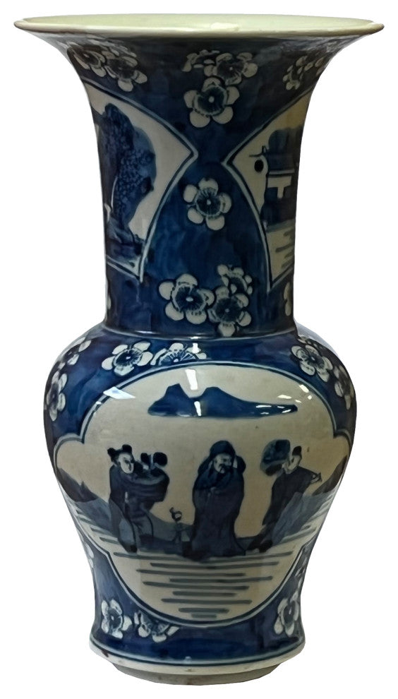 Vintage Chinese Blue White Porcelain Scenery Wide Mouth Vase Hws2512