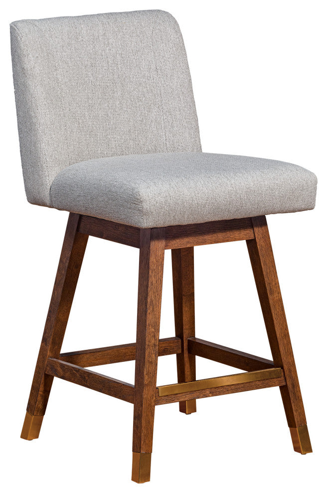 Basila Swivel Counter Stool in Brown Oak Wood Finish with Taupe Fabric
