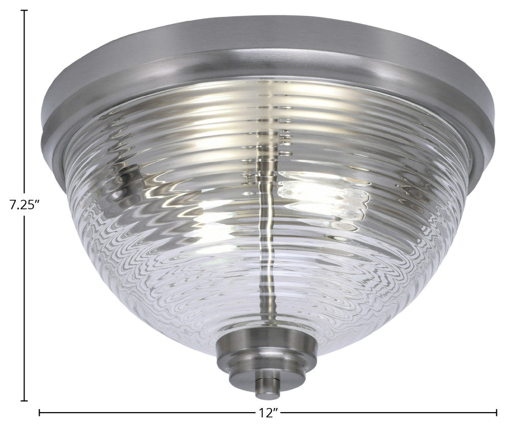 12" 2-Light Flush Mount Light, Brushed Nickel, Clear Ribbed Glass