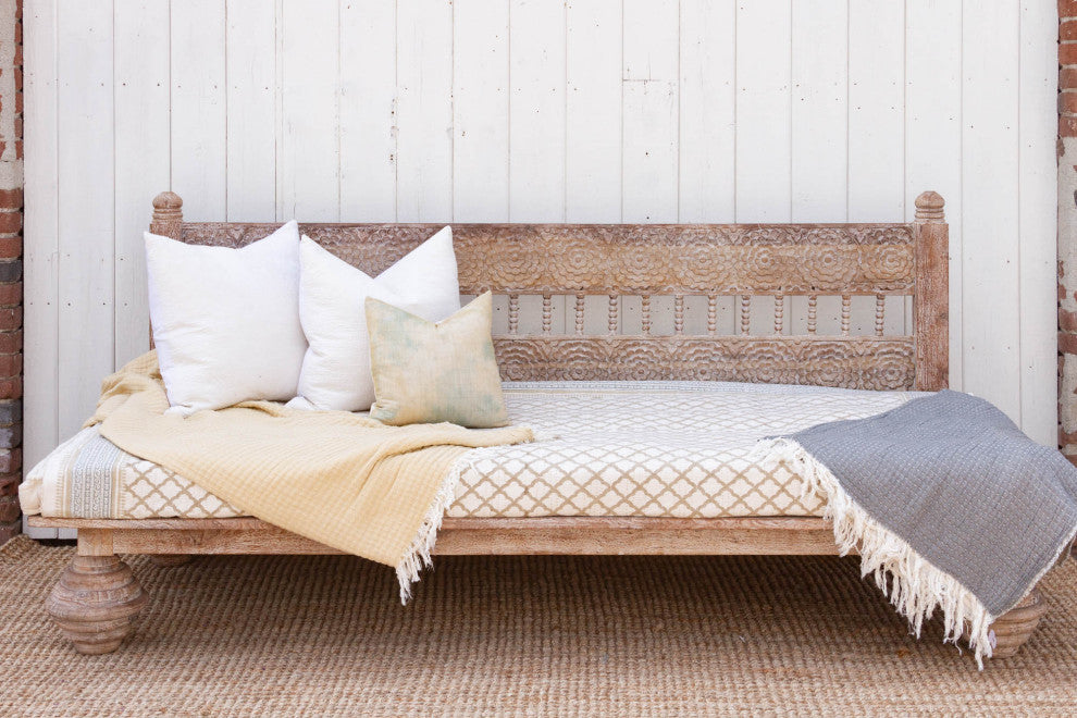 Carved Floral Whitewash Reclaimed Wood Daybed