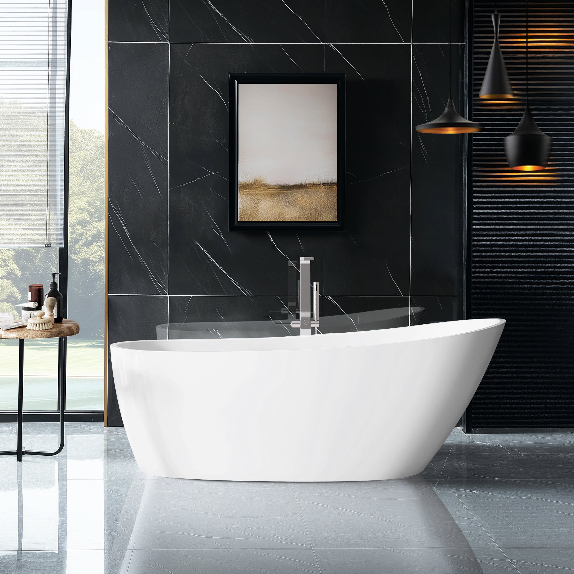 Lahore Freestanding Acrylic Soaking Bathtub, White, 66.9"l X 29.1"w