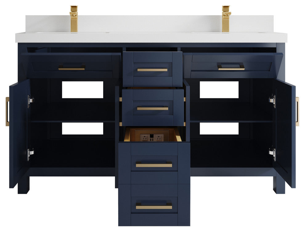 Cambridge 60 Double Bathroom Vanity in Hale Navy Blue 2" White Quartz
