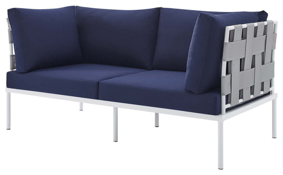 Lounge Loveseat Sofa, Sunbrella, Aluminum, Metal, Gray Blue Navy, Outdoor