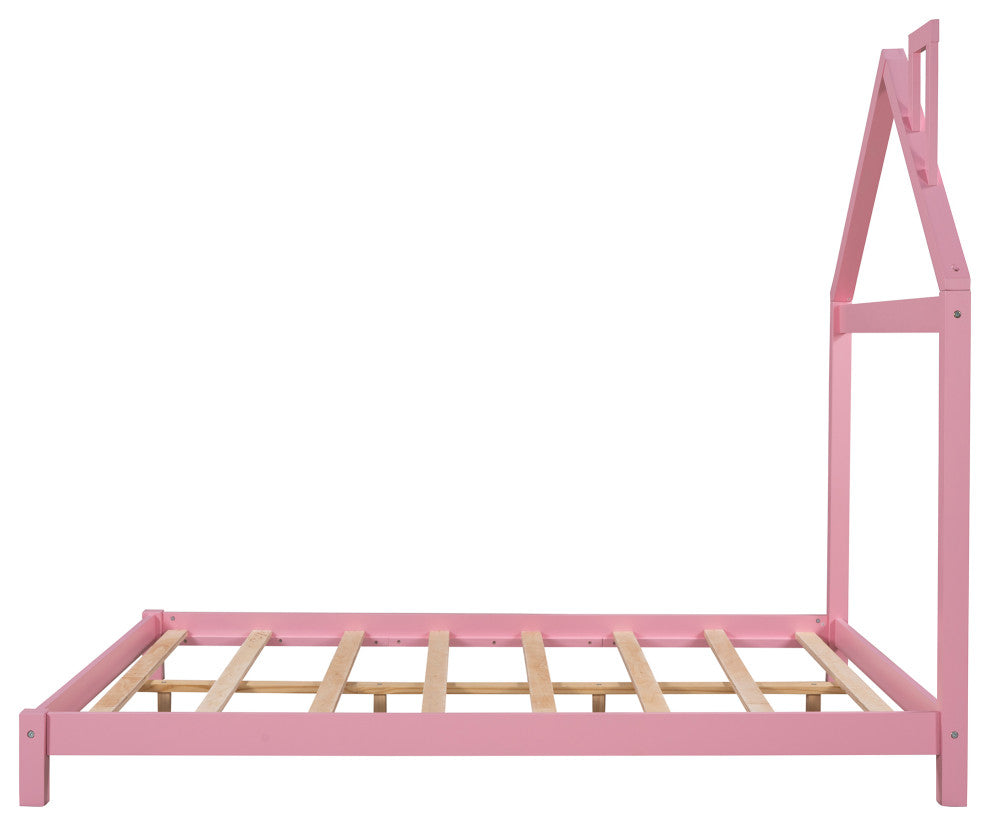 Gewnee Full Wood Platform Bed with House-shaped Headboard in Pink