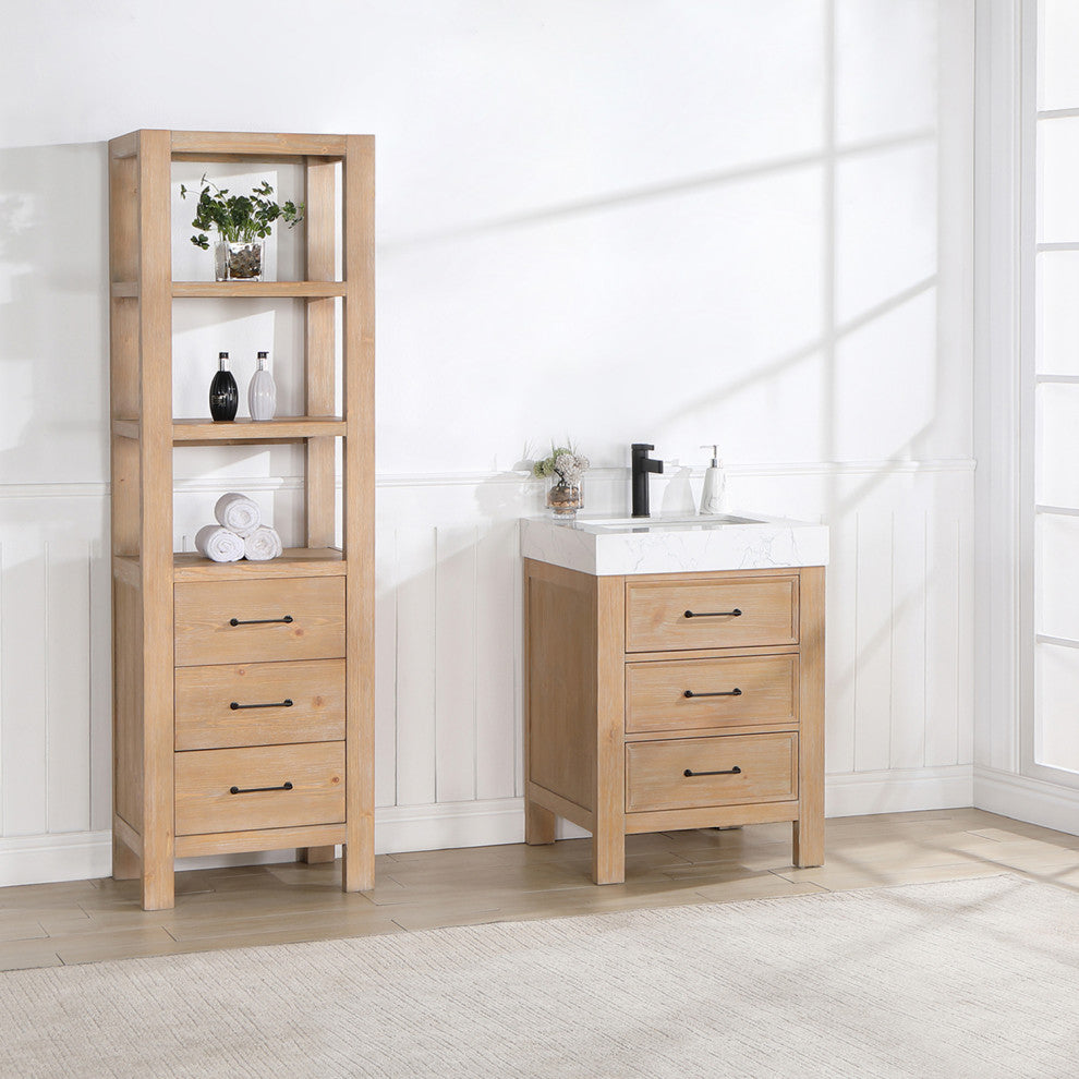 Leon Bath Vanity With Composite Stone Top, Fir Wood Brown, 24", No Mirror