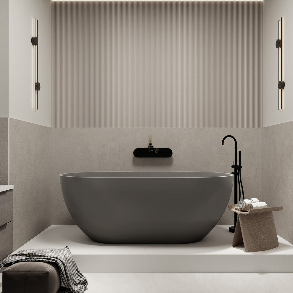 Stone Resin Matte Freestanding Soaking Bathtub, Gray, 59 in.