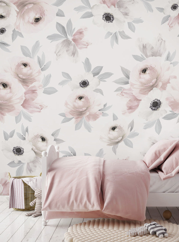 Floral Mural Wall Art Peel and Stick Vinyl Wallpaper, Romantic Pink Grey, 24"w X 96"h