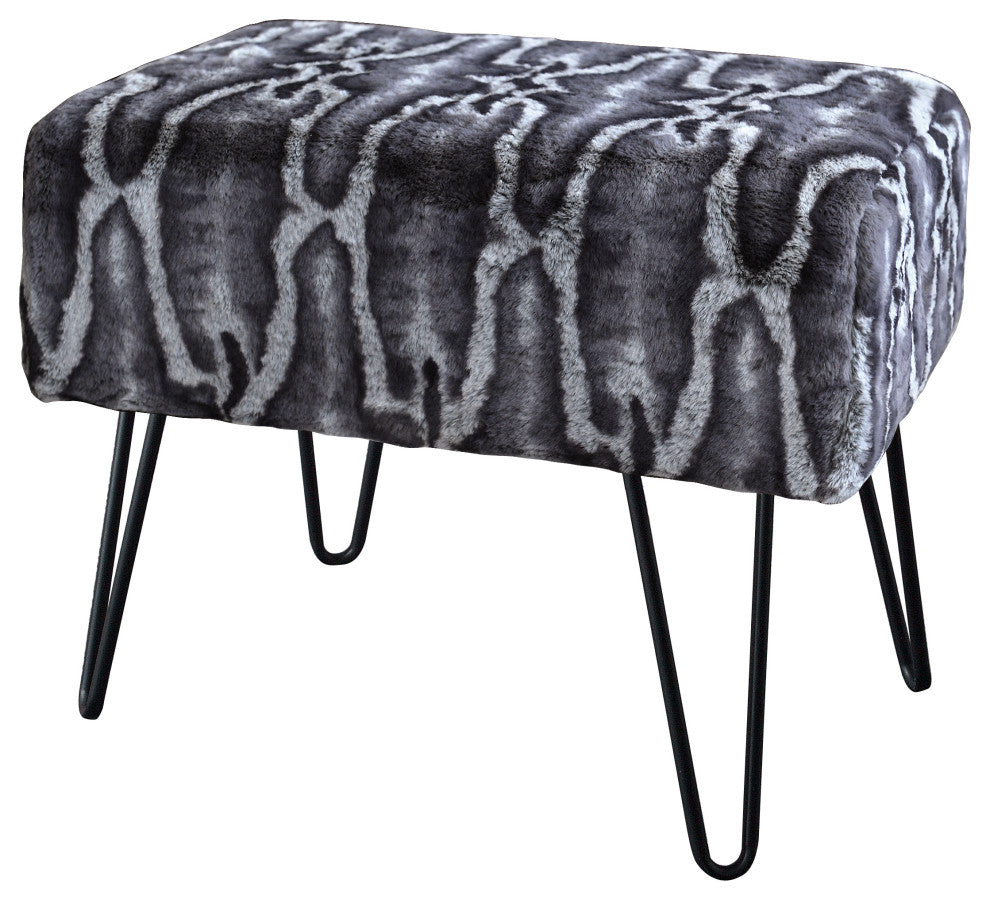 Tip Printing Light Faux Fur Ottoman, Meru Geo Grey