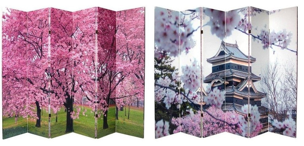 6' Tall Double Sided Cherry Blossoms Canvas Room Divider 6 Panel