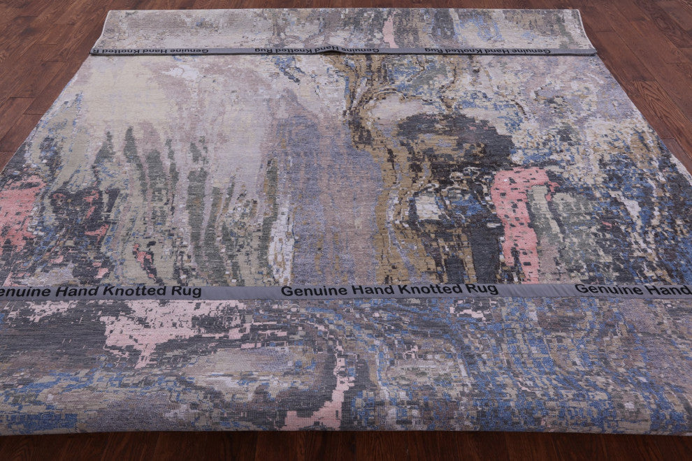 9' 0" X 11' 9" Abstract Hand Knotted Wool and Silk Rug Q7051