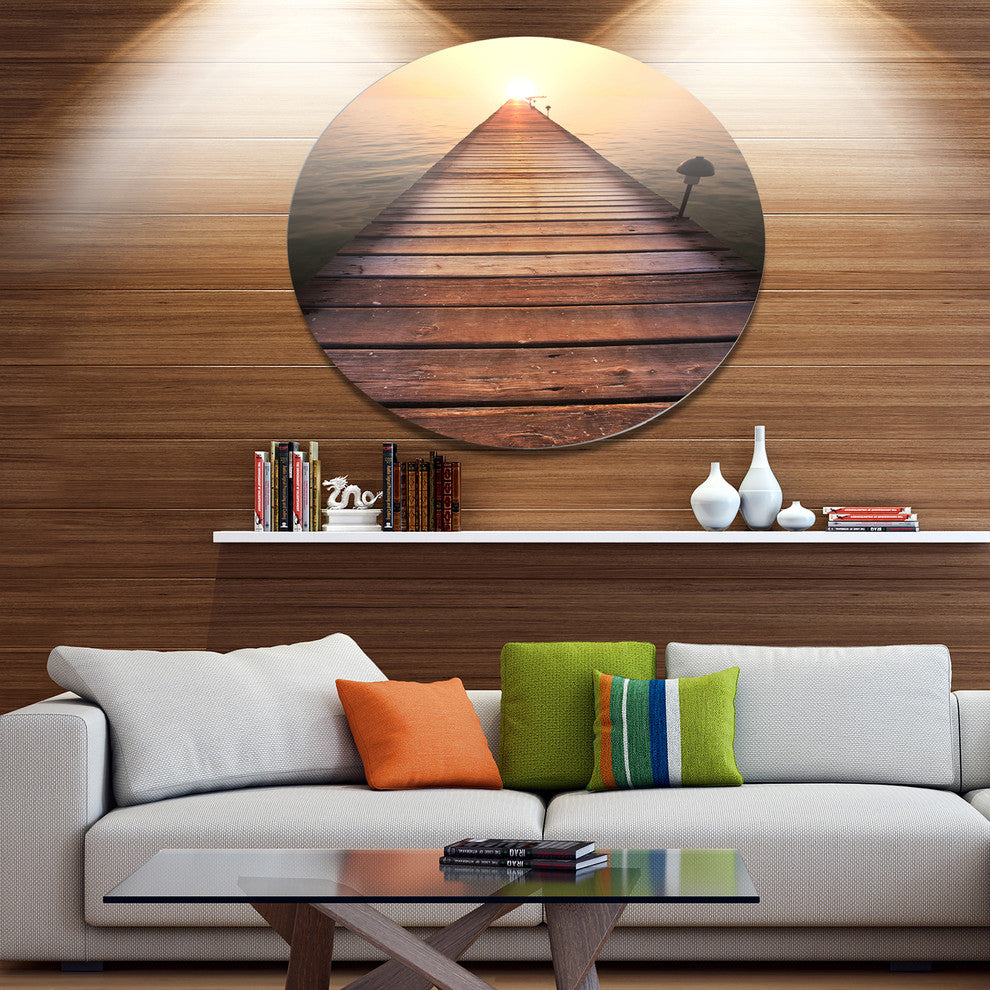 Long Wooden Boardwalk Into Sea, Seashore Round Metal Wall Art, 36"