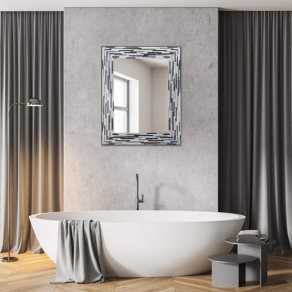 Frameless Glass Reeded Simulated Tile Printed Wall Mirror, Black