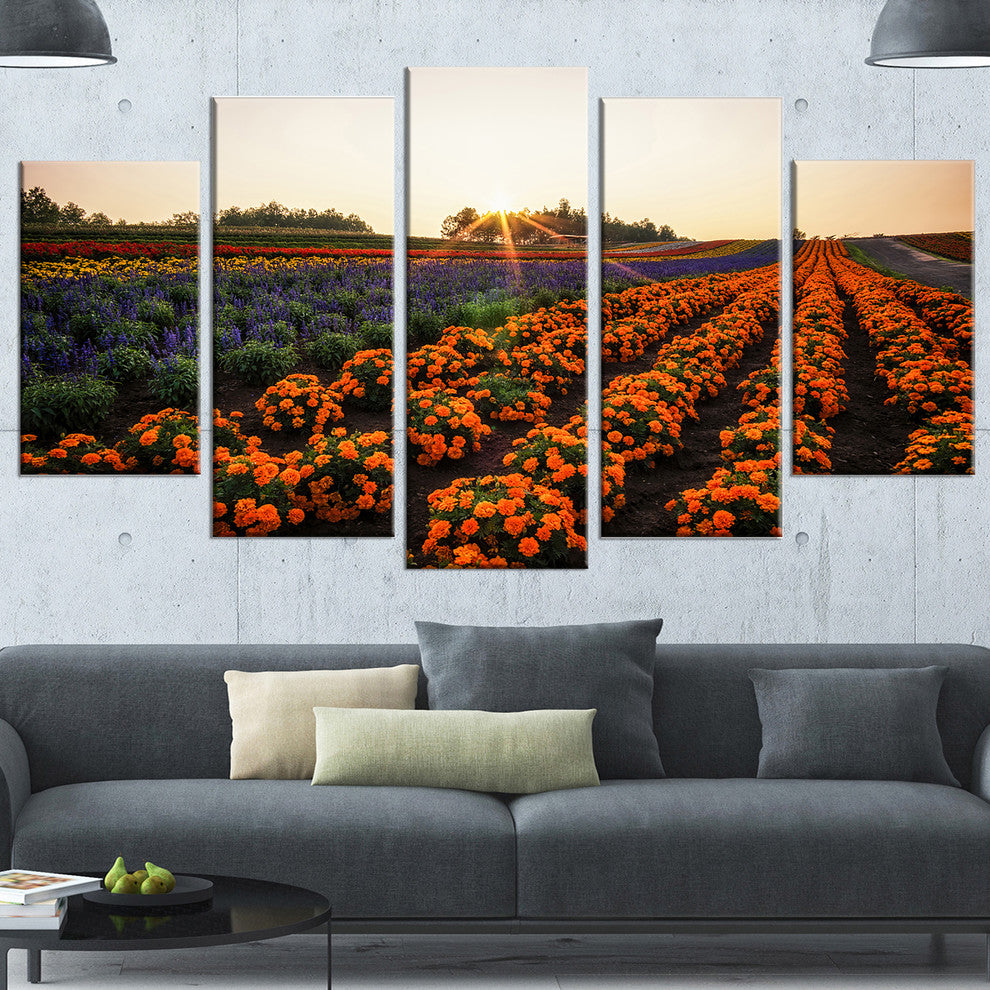 Beautiful Japanese Flower Farm, Floral Canvas Art Print, 60"x32", 5 Panels