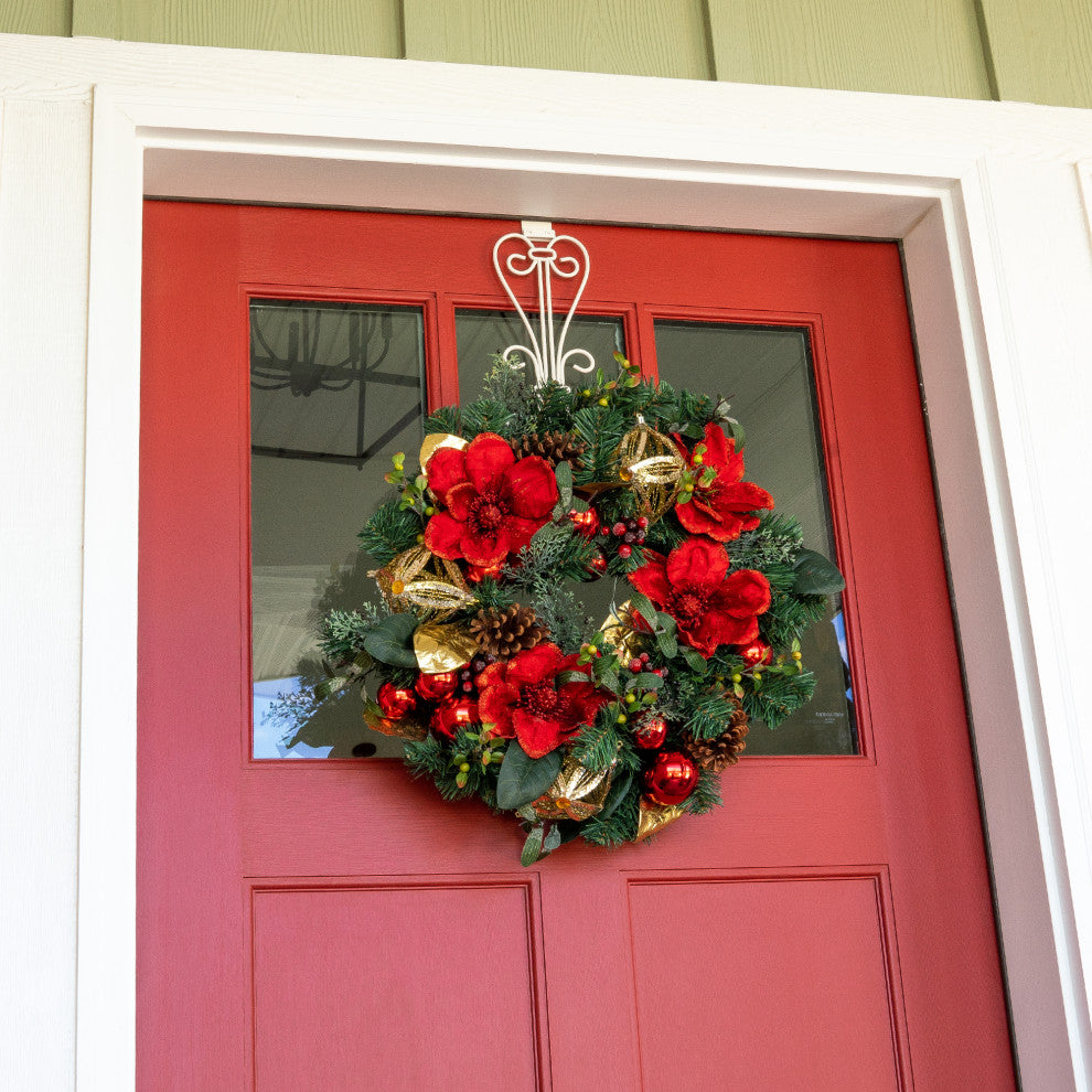 24" Lighted Christmas Wreath, Red Magnolia