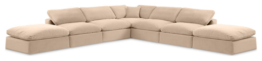 Comfy Upholstered L-Shaped Modular Sectional, Beige, 7-Piece: 4 Armless Chair, 1 Corner Chair, 2 Ottoman, Velvet