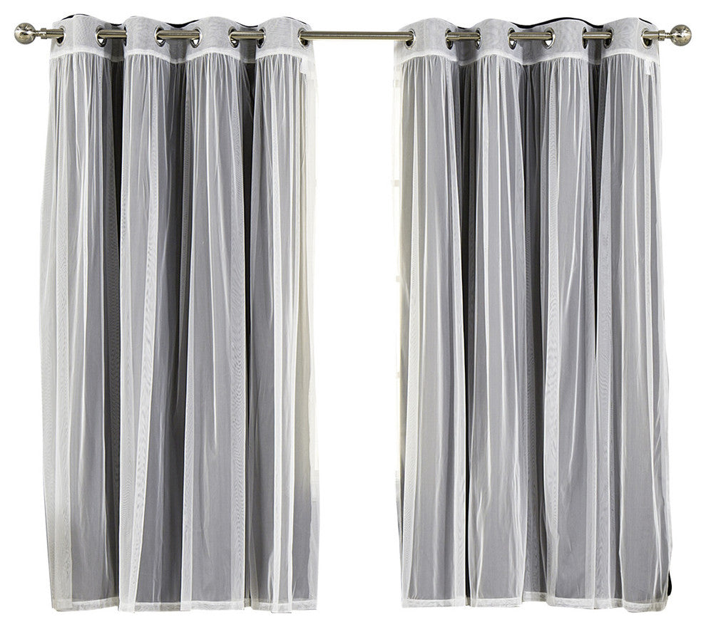 Gathered Tulle Sheer and Blackout 4-Piece Curtain Set, Black, 96"