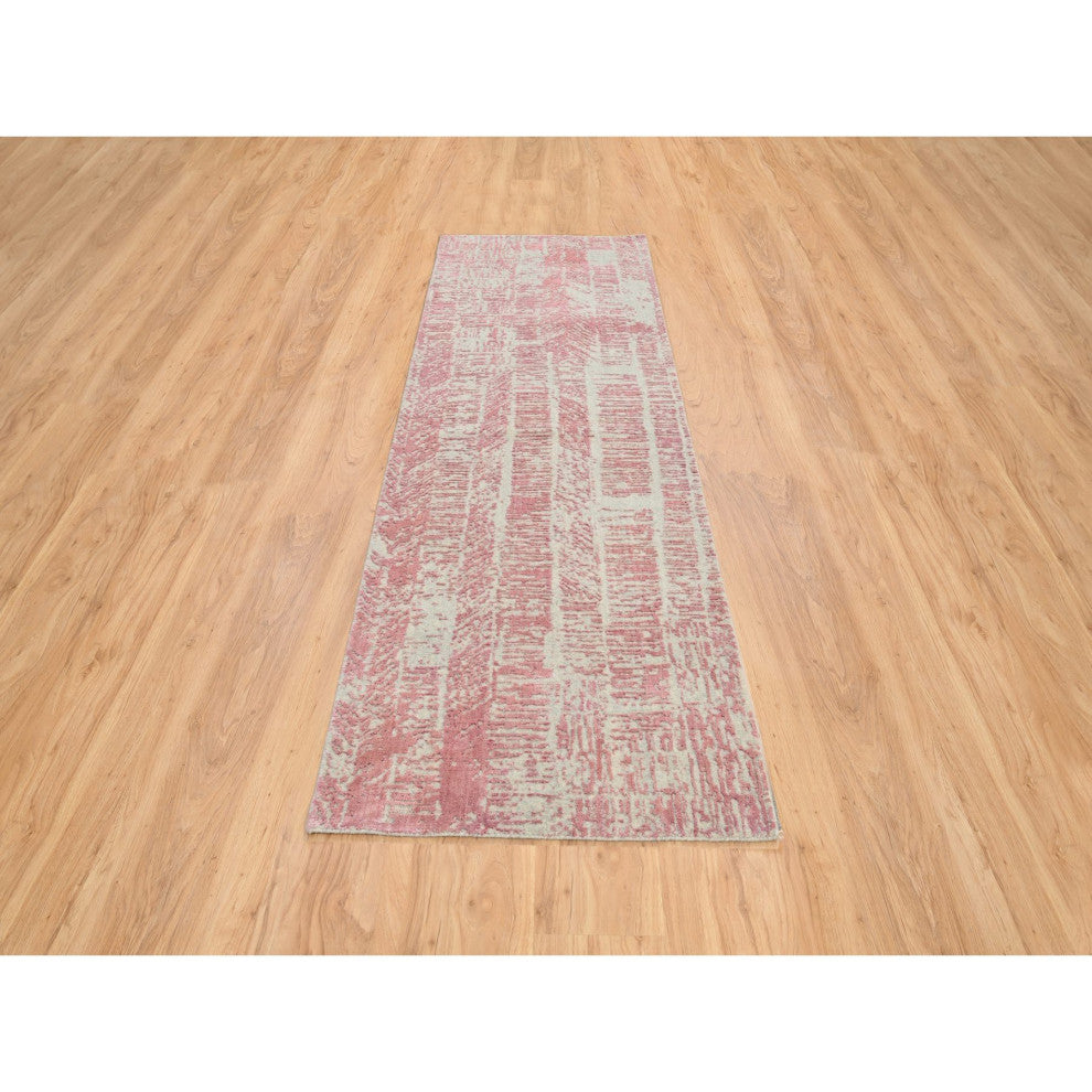Rose Pink, Wool and Art Silk Jacquard Hand Loomed, Runner Rug, 2'6"x10'0"