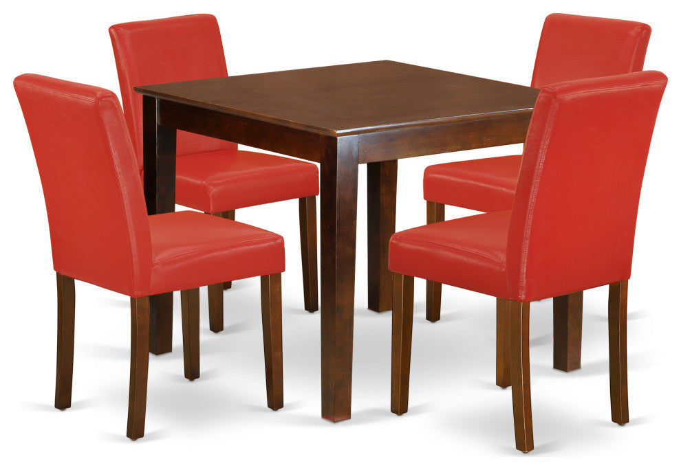 5-Piece Square 36" Table and 4-Parson Chair, Pu Leather Color Firebrick Red
