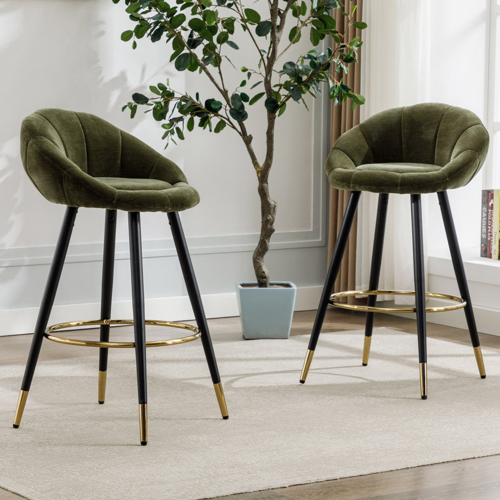 Set of 2 Blooming Flower Chenille Bar Stools, Darkgreen