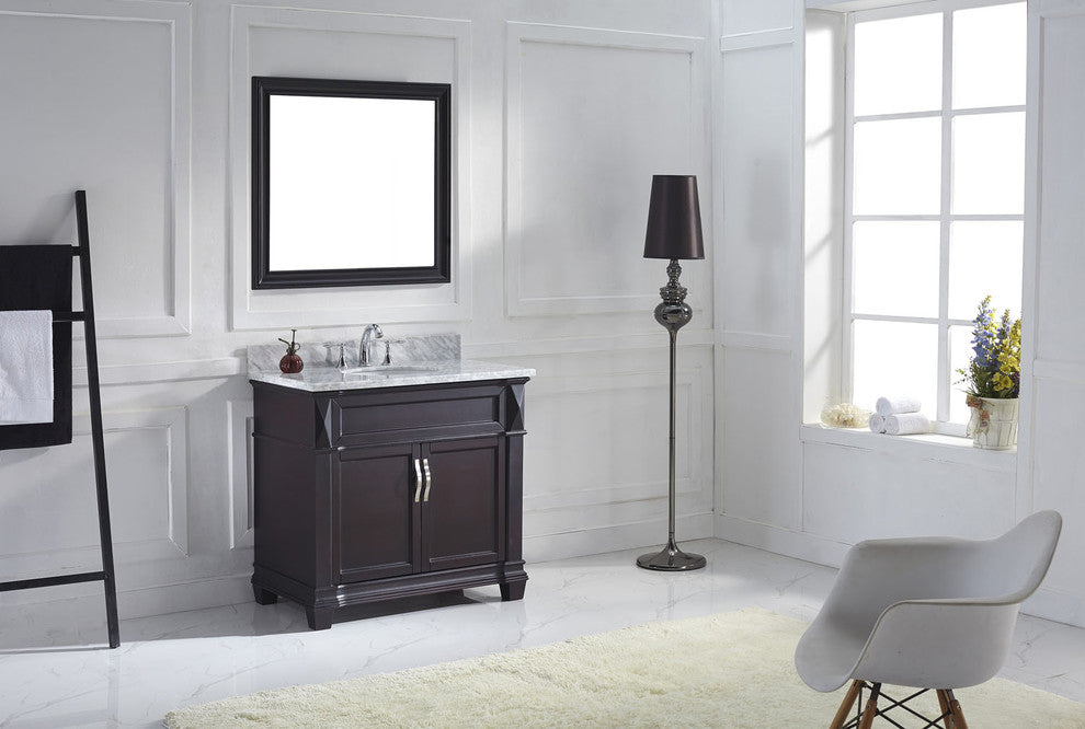 Virtu Victoria 36" Single Bathroom Vanity, Espresso With Marble Top, Mirror