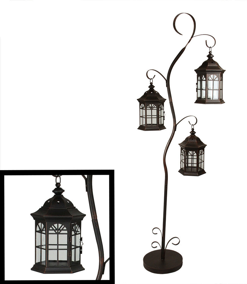 60" Rustic Pillar Candle Holder Tree With 3 Decorative Lanterns